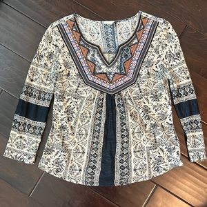 Akemi + Kim blue and white top with bead detail